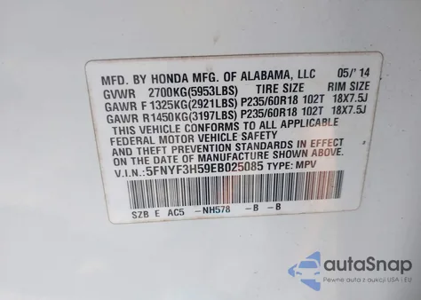 2014 Honda Pilot Ex-L from USA, damaged, VIN 5FNYF3H59EB025085